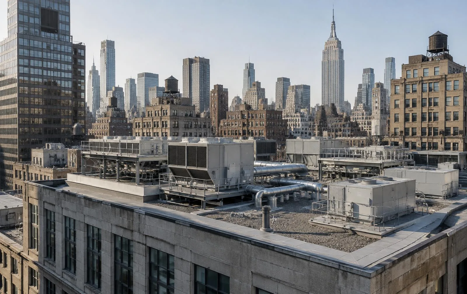 Commercial building systems on a New York rooftop